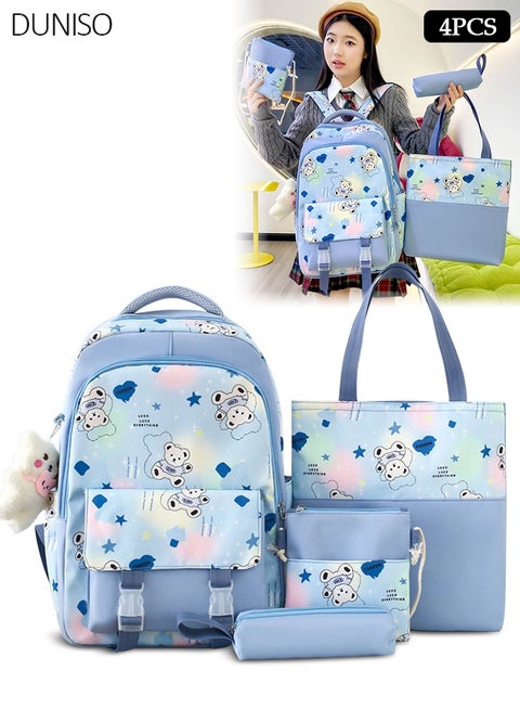 4PCS Kids School Backpack Set Canvas Laptop School Bag Sets for Kids with Tote Bag,Shoulder Bag,Pencil Box,Large-capacity Bookbag for Girls Boys Back to School Supplies